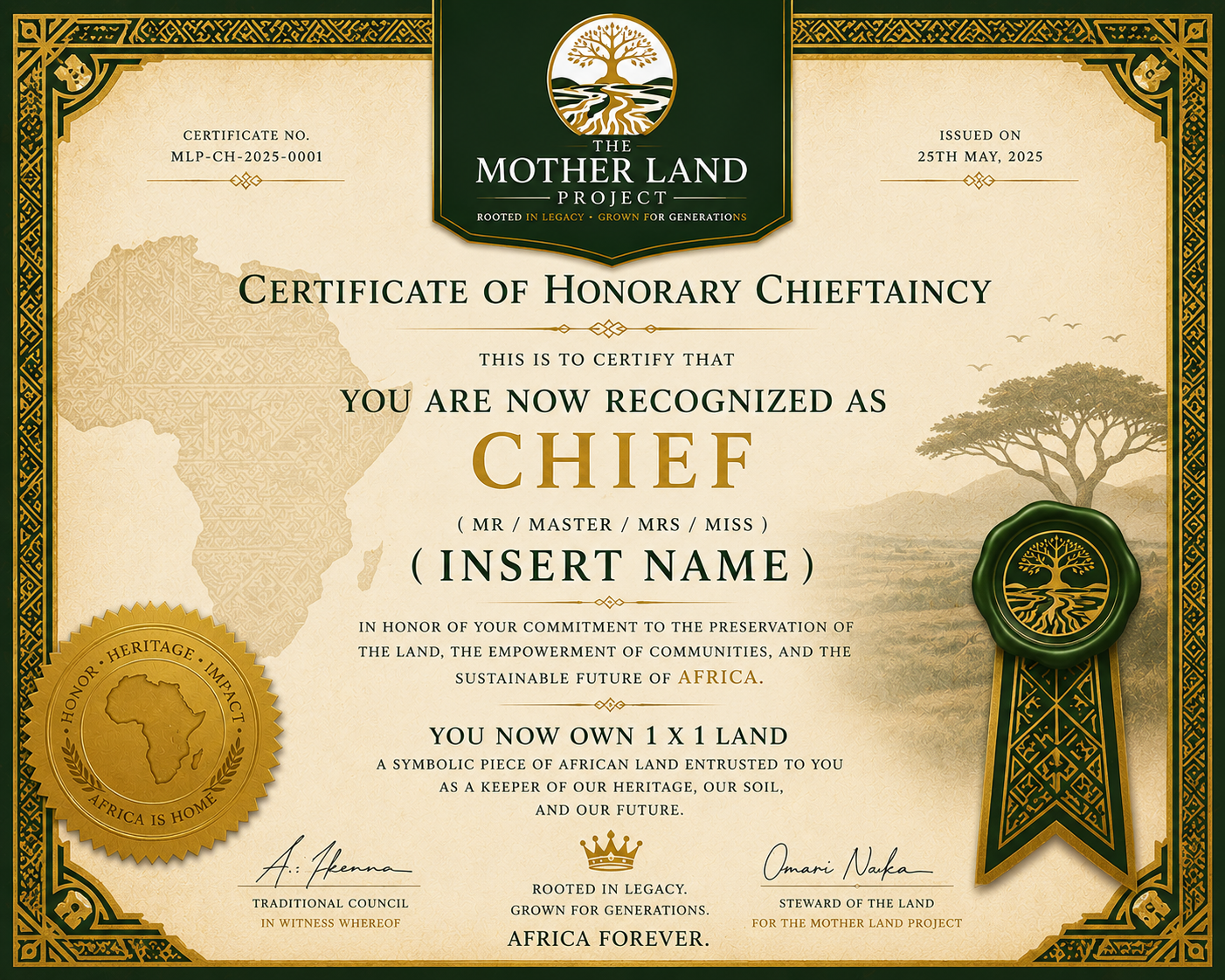 Certificate of Honorary Chieftaincy — The Mother Land Project